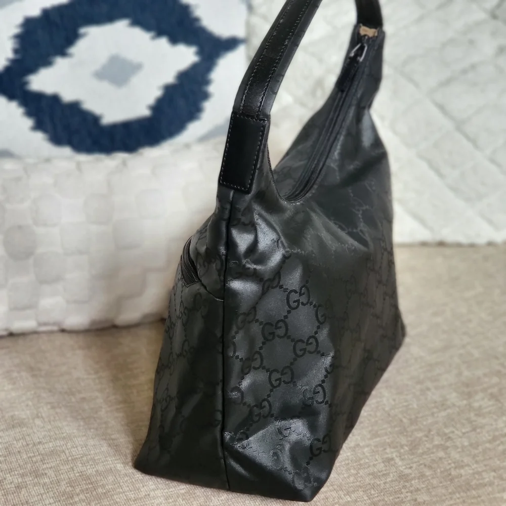 Gucci Black GG Nylon and Leather Double Pocket Hobo.. Authentic!!